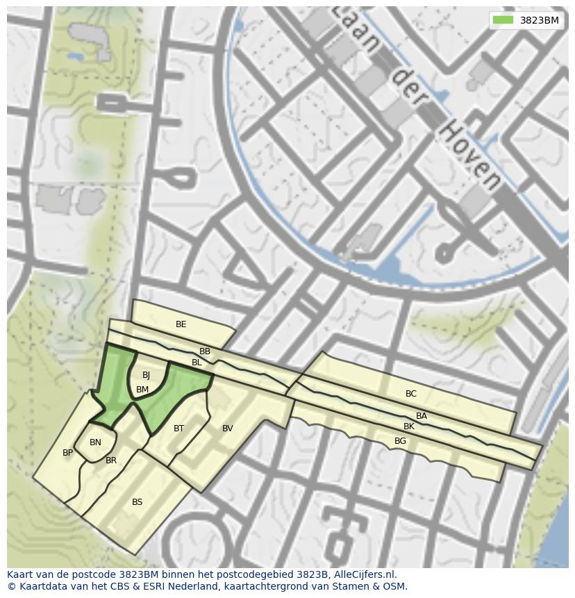 Afbeelding van het postcodegebied 3823 BM op de kaart.