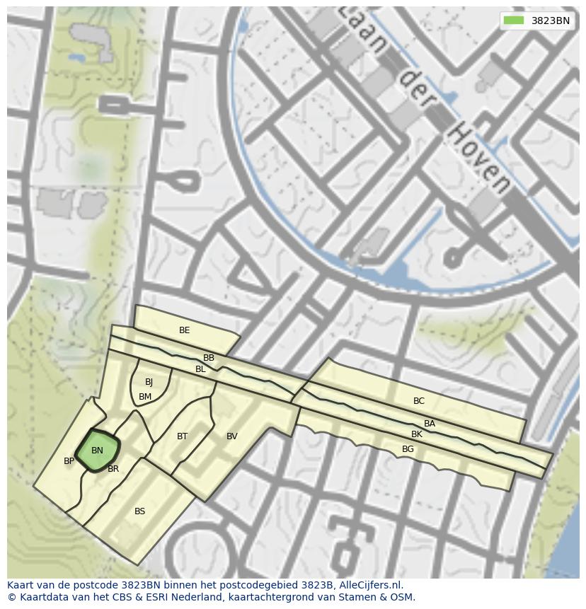 Afbeelding van het postcodegebied 3823 BN op de kaart.