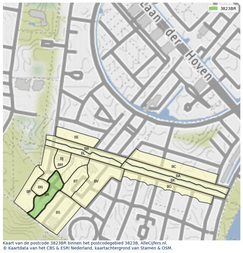 Afbeelding van het postcodegebied 3823 BR op de kaart.