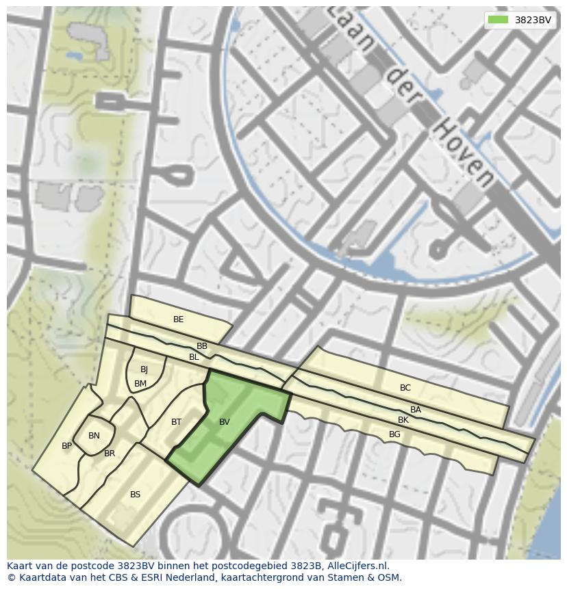 Afbeelding van het postcodegebied 3823 BV op de kaart.