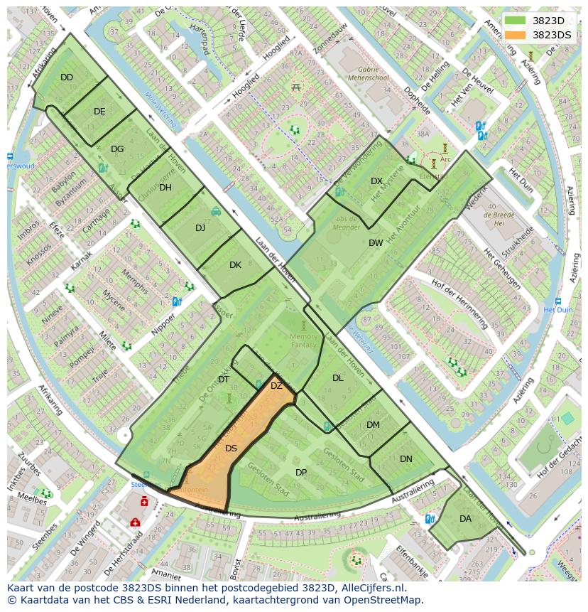 Afbeelding van het postcodegebied 3823 DS op de kaart.
