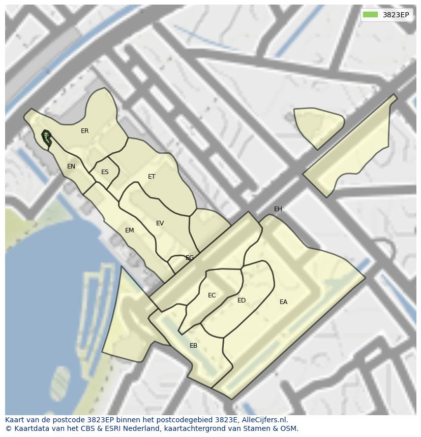 Afbeelding van het postcodegebied 3823 EP op de kaart.