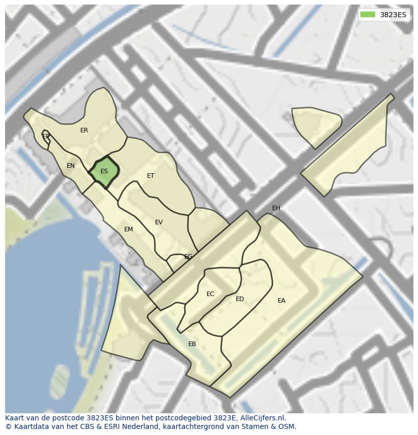 Afbeelding van het postcodegebied 3823 ES op de kaart.
