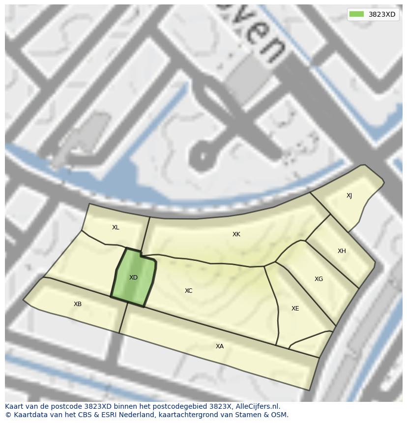 Afbeelding van het postcodegebied 3823 XD op de kaart.