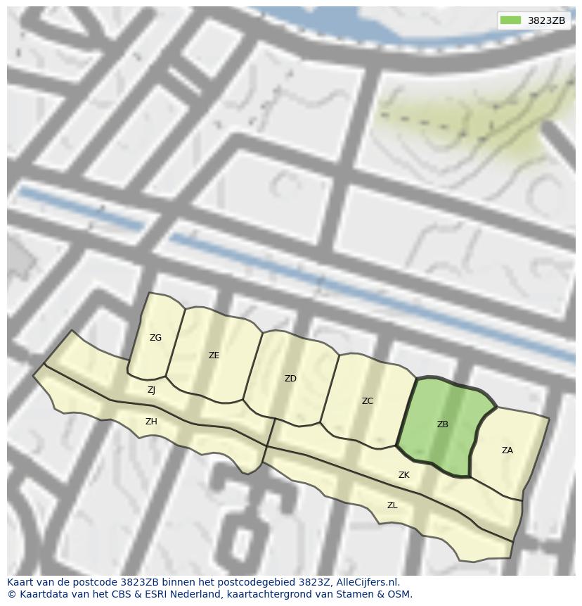 Afbeelding van het postcodegebied 3823 ZB op de kaart.