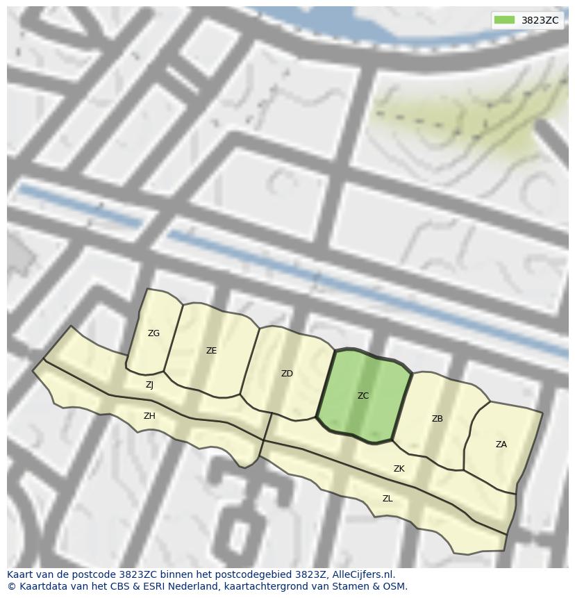 Afbeelding van het postcodegebied 3823 ZC op de kaart.