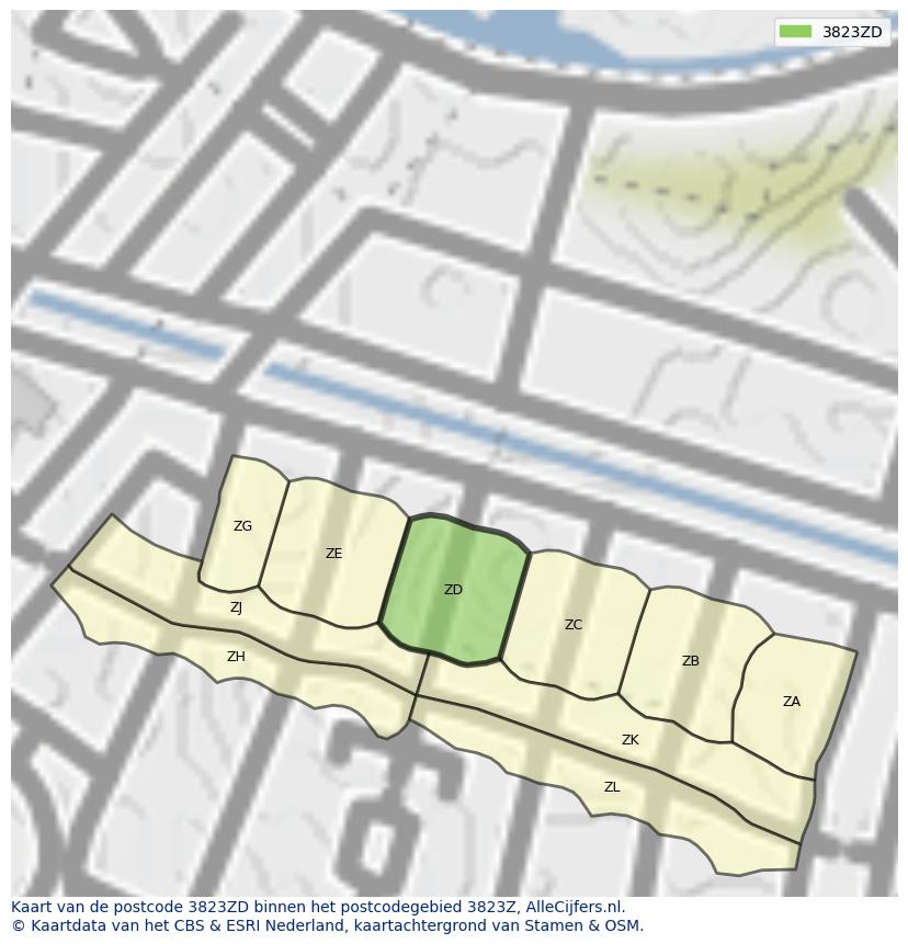 Afbeelding van het postcodegebied 3823 ZD op de kaart.