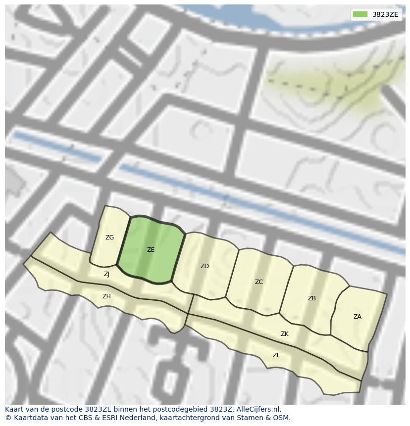 Afbeelding van het postcodegebied 3823 ZE op de kaart.