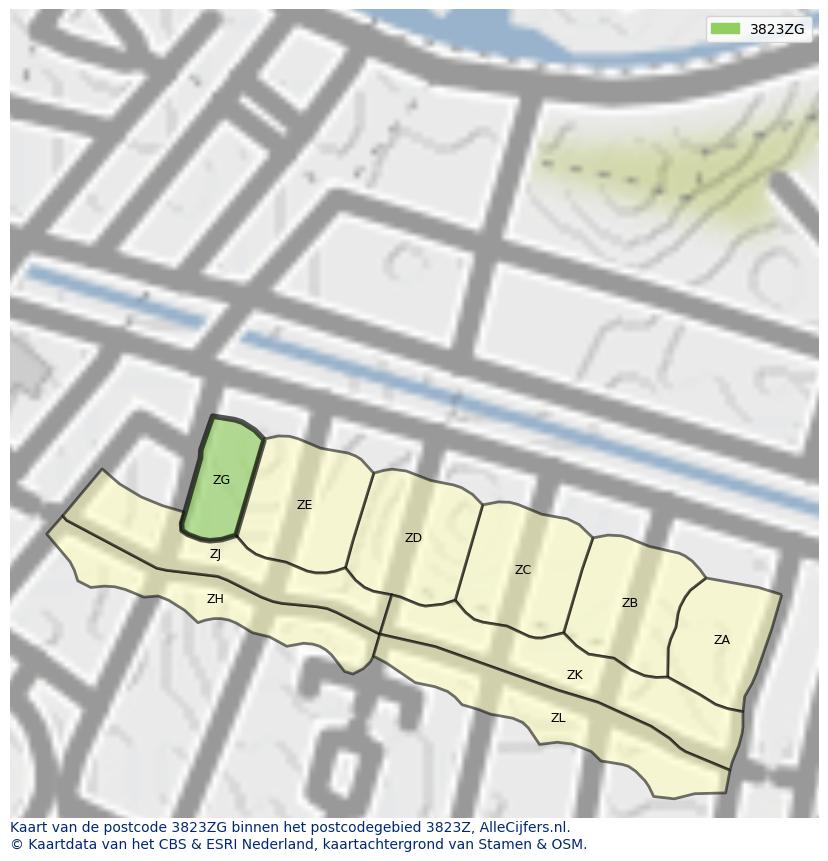 Afbeelding van het postcodegebied 3823 ZG op de kaart.
