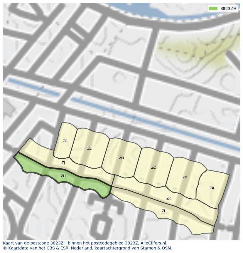 Afbeelding van het postcodegebied 3823 ZH op de kaart.