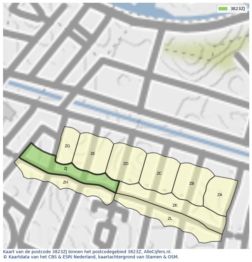 Afbeelding van het postcodegebied 3823 ZJ op de kaart.