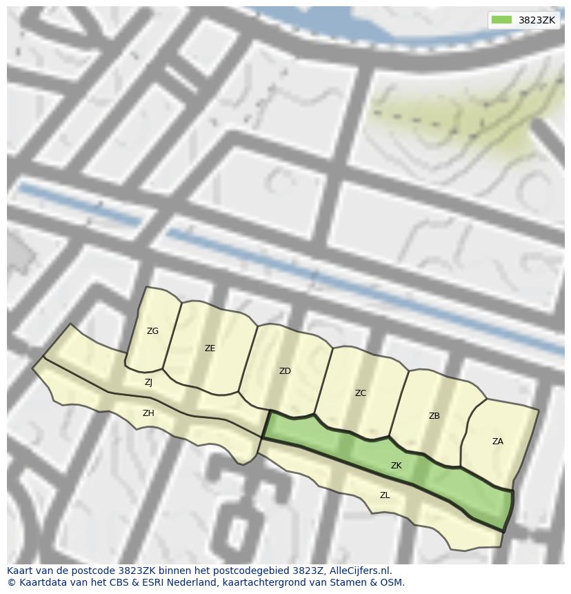 Afbeelding van het postcodegebied 3823 ZK op de kaart.