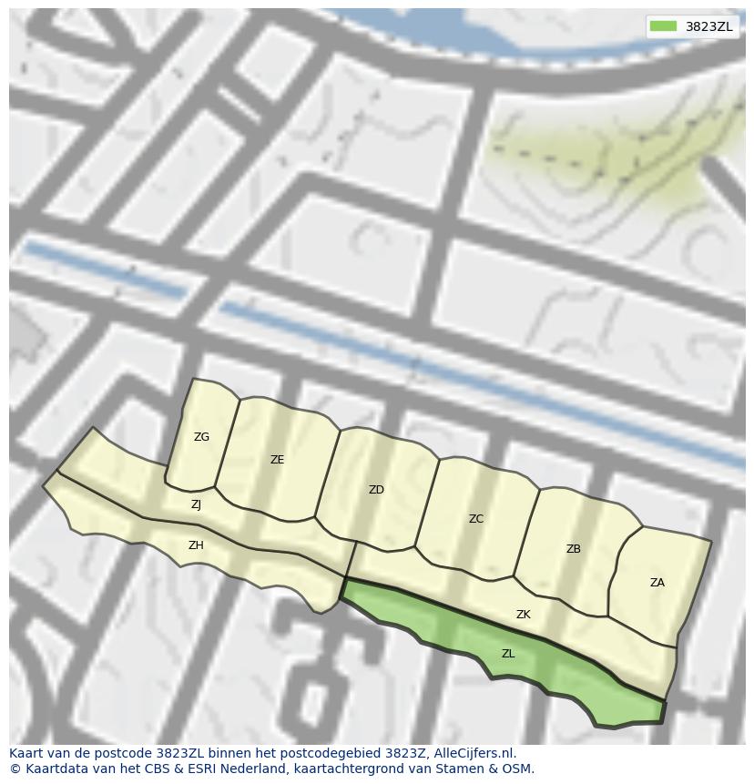 Afbeelding van het postcodegebied 3823 ZL op de kaart.