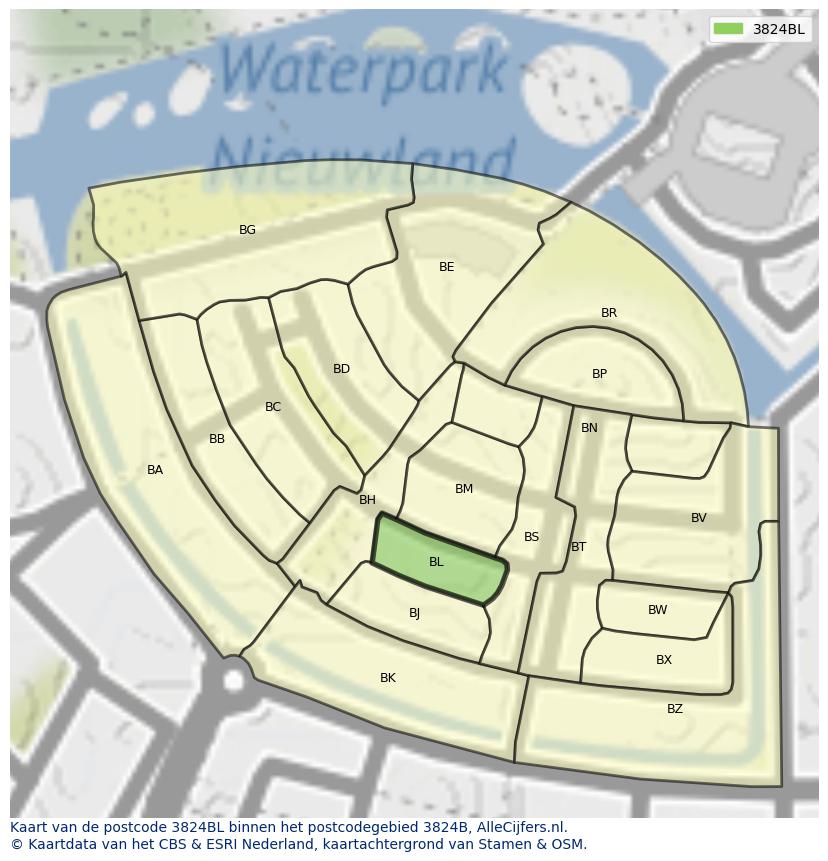 Afbeelding van het postcodegebied 3824 BL op de kaart.