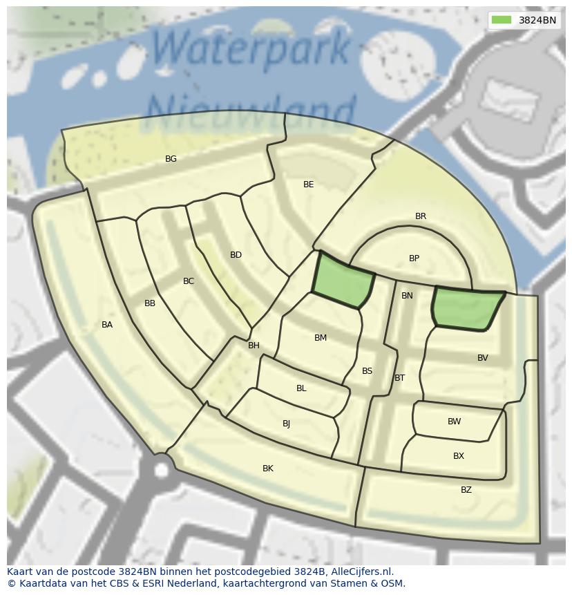 Afbeelding van het postcodegebied 3824 BN op de kaart.
