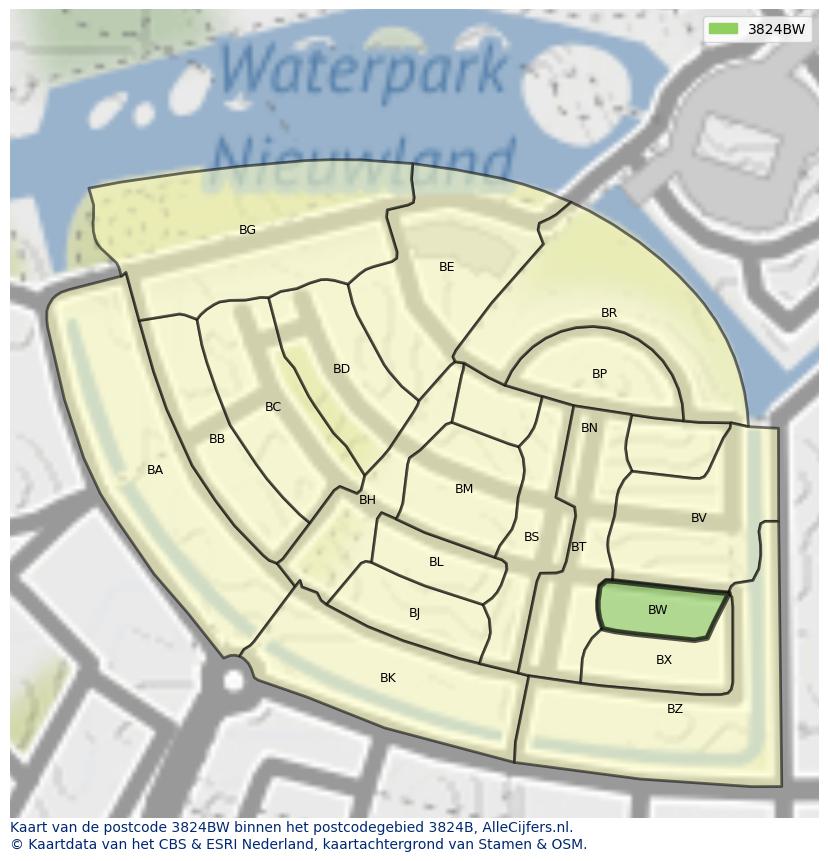 Afbeelding van het postcodegebied 3824 BW op de kaart.