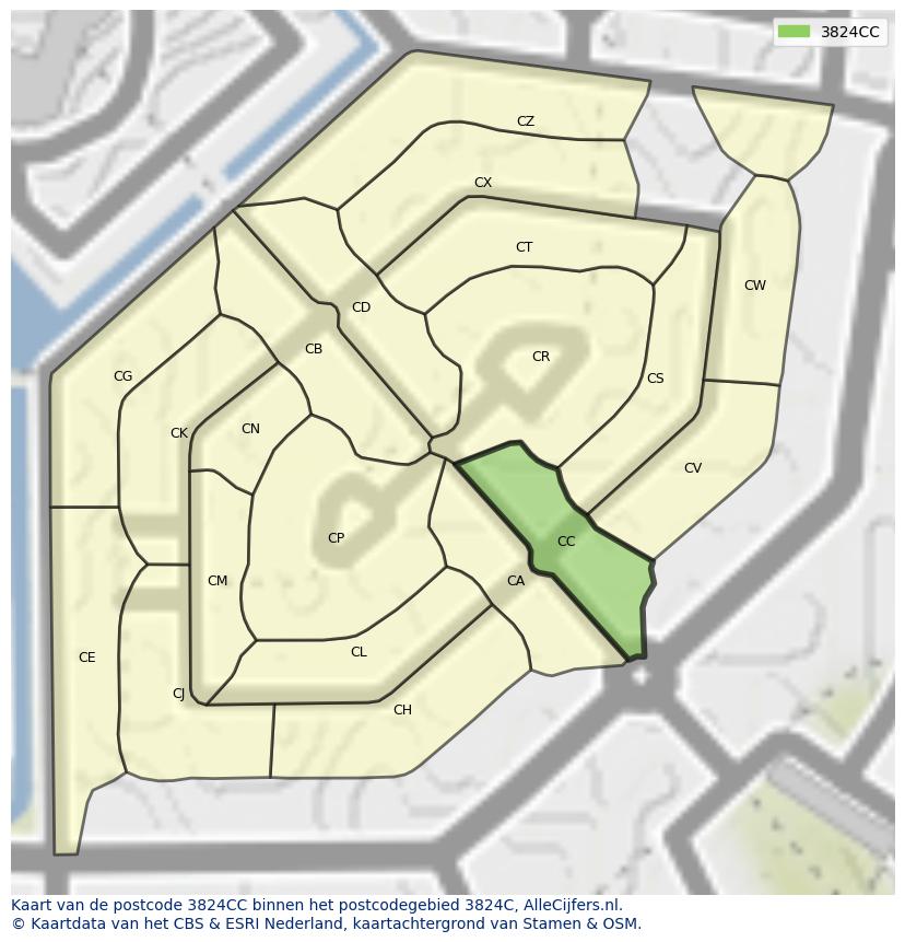Afbeelding van het postcodegebied 3824 CC op de kaart.