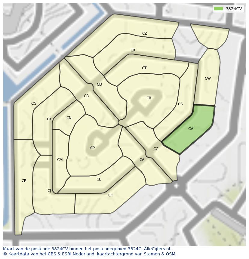 Afbeelding van het postcodegebied 3824 CV op de kaart.