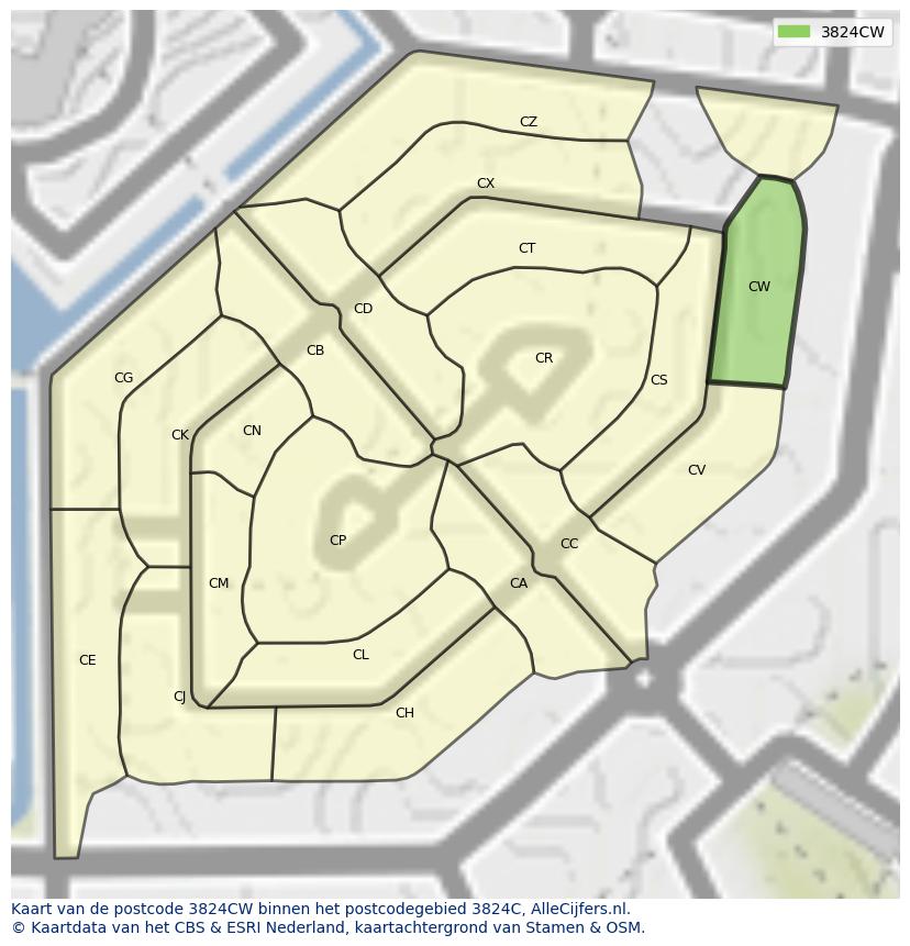 Afbeelding van het postcodegebied 3824 CW op de kaart.