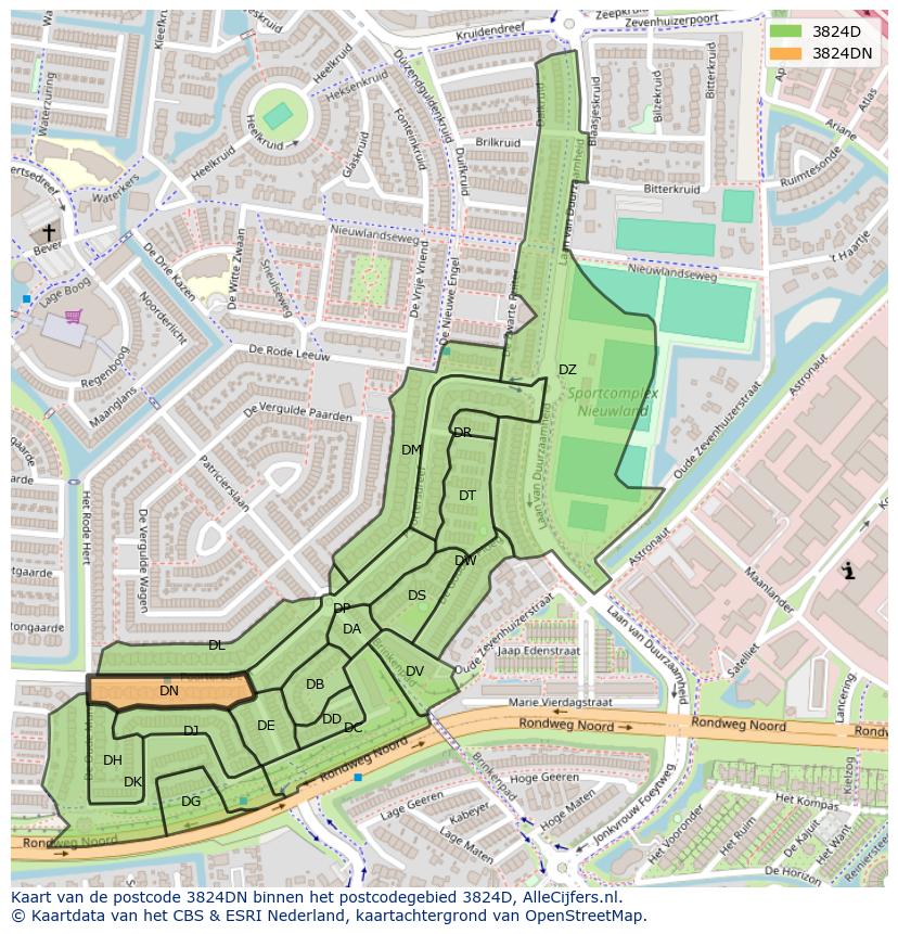Afbeelding van het postcodegebied 3824 DN op de kaart.