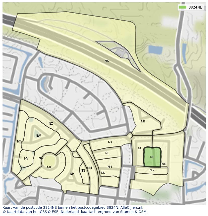 Afbeelding van het postcodegebied 3824 NE op de kaart.