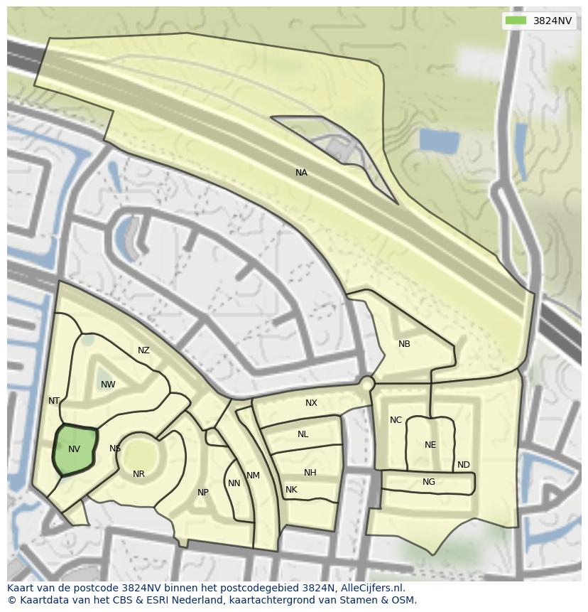 Afbeelding van het postcodegebied 3824 NV op de kaart.