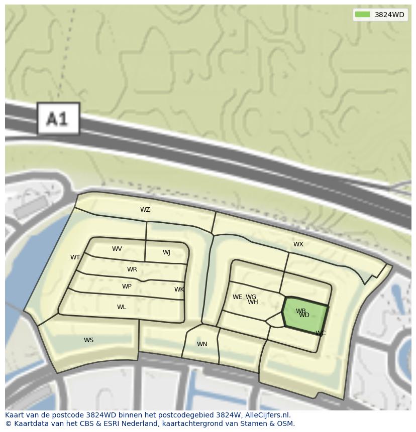 Afbeelding van het postcodegebied 3824 WD op de kaart.