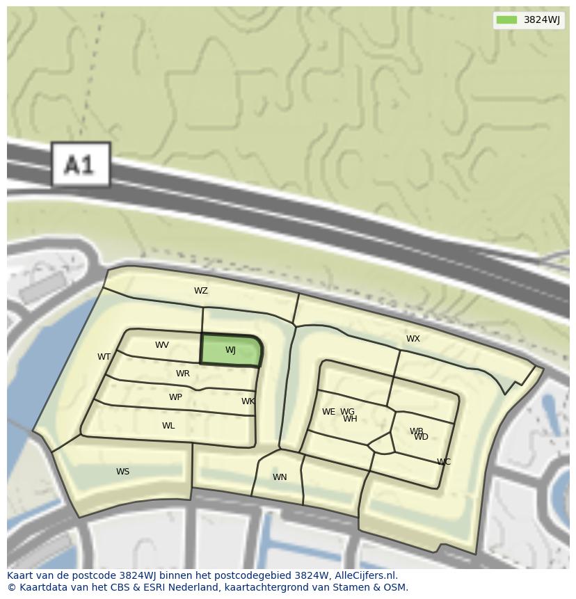 Afbeelding van het postcodegebied 3824 WJ op de kaart.