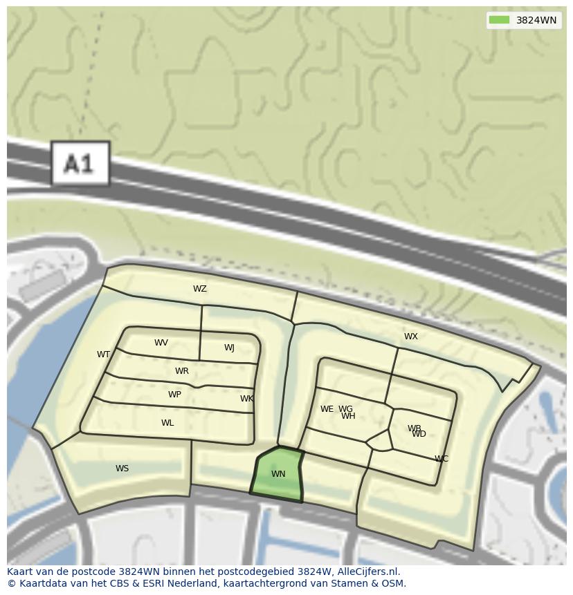 Afbeelding van het postcodegebied 3824 WN op de kaart.