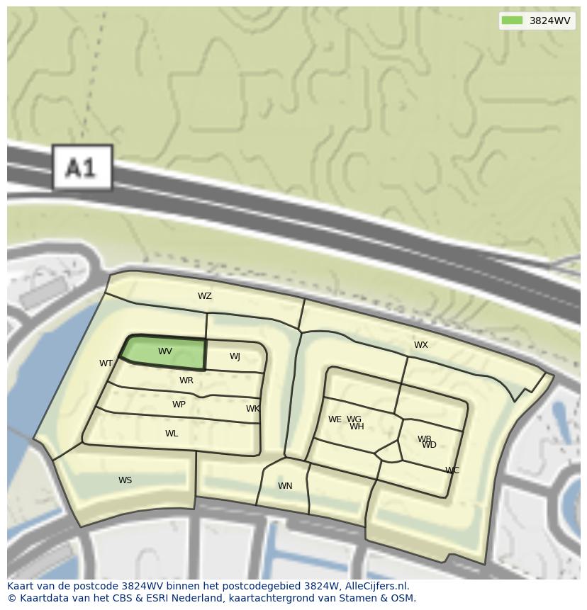Afbeelding van het postcodegebied 3824 WV op de kaart.