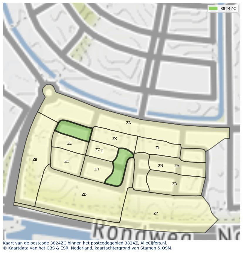 Afbeelding van het postcodegebied 3824 ZC op de kaart.