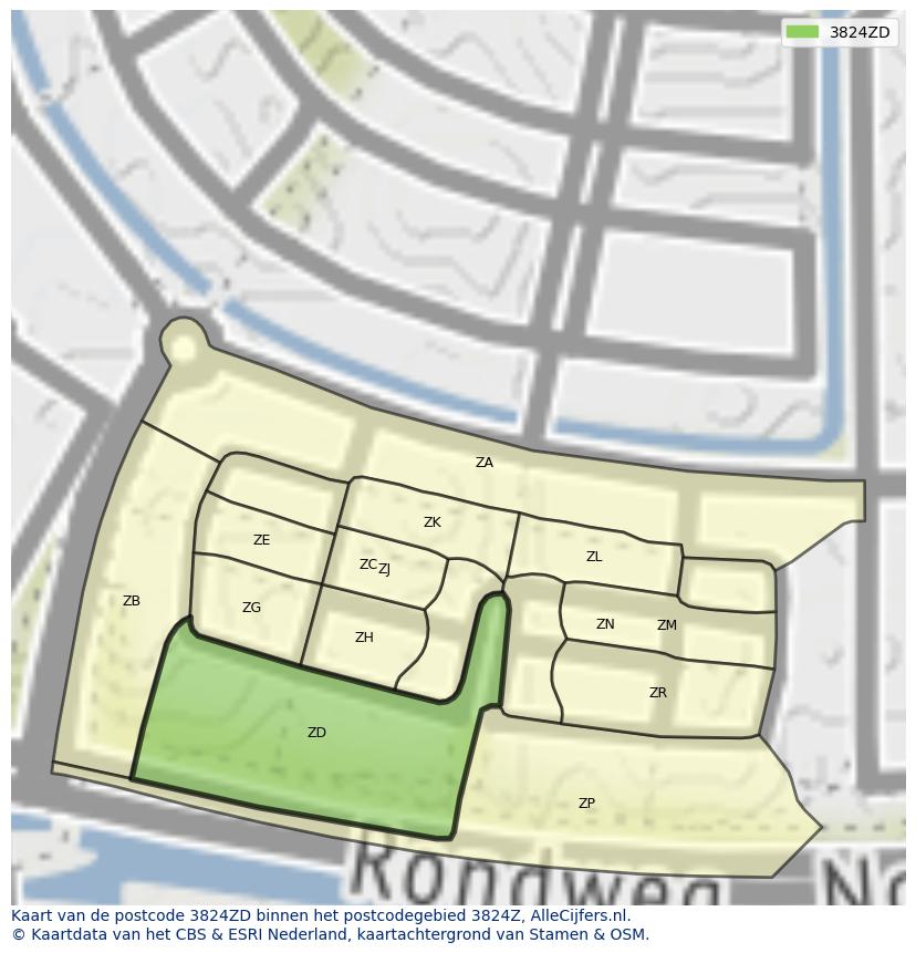 Afbeelding van het postcodegebied 3824 ZD op de kaart.