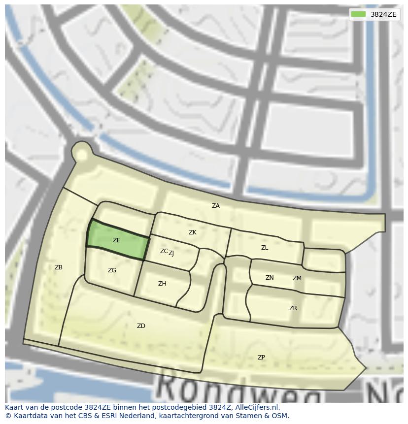 Afbeelding van het postcodegebied 3824 ZE op de kaart.