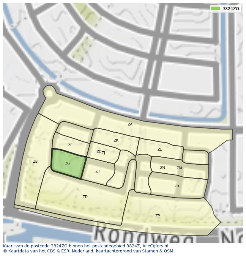 Afbeelding van het postcodegebied 3824 ZG op de kaart.