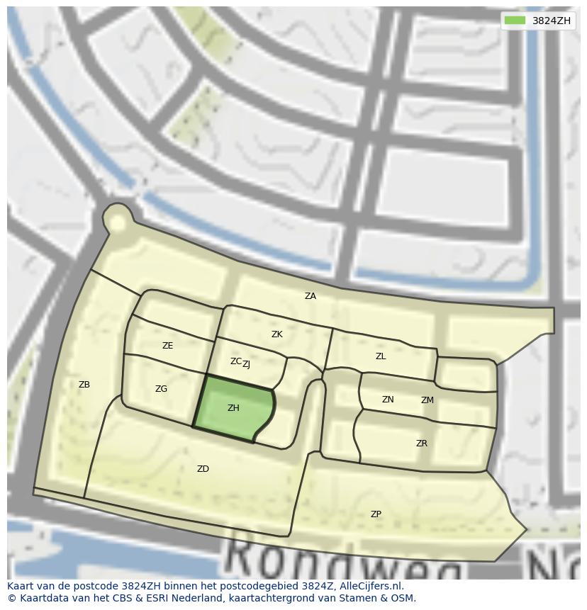 Afbeelding van het postcodegebied 3824 ZH op de kaart.