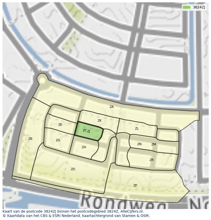 Afbeelding van het postcodegebied 3824 ZJ op de kaart.