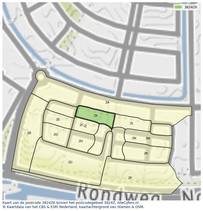 Afbeelding van het postcodegebied 3824 ZK op de kaart.