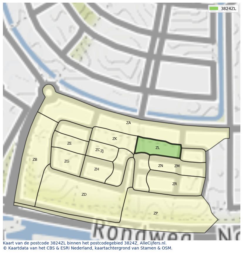 Afbeelding van het postcodegebied 3824 ZL op de kaart.