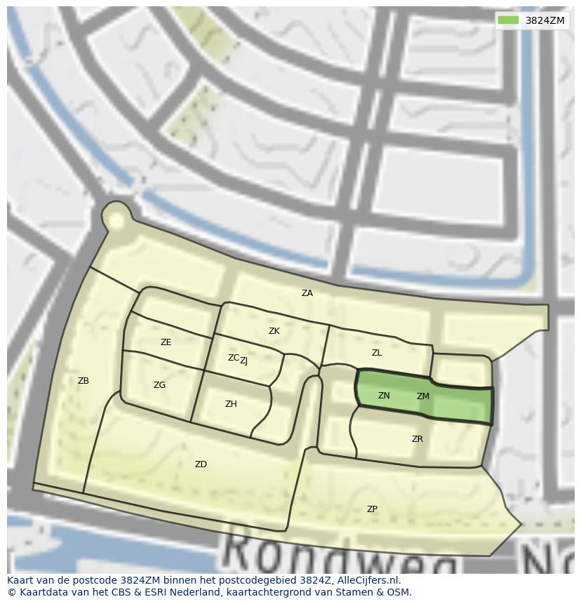 Afbeelding van het postcodegebied 3824 ZM op de kaart.