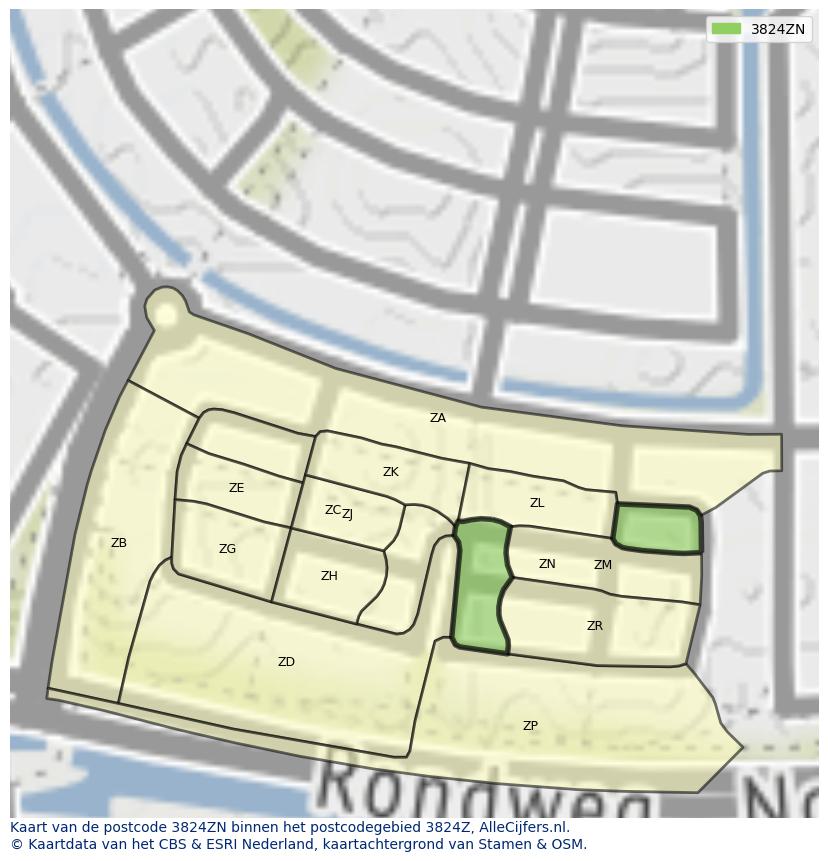 Afbeelding van het postcodegebied 3824 ZN op de kaart.