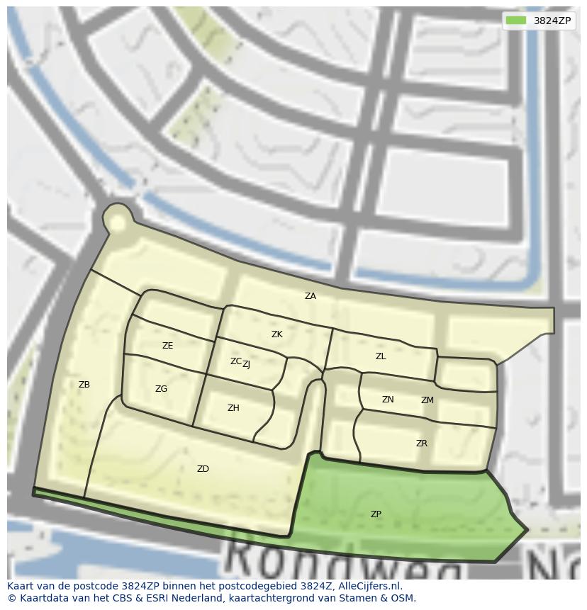 Afbeelding van het postcodegebied 3824 ZP op de kaart.