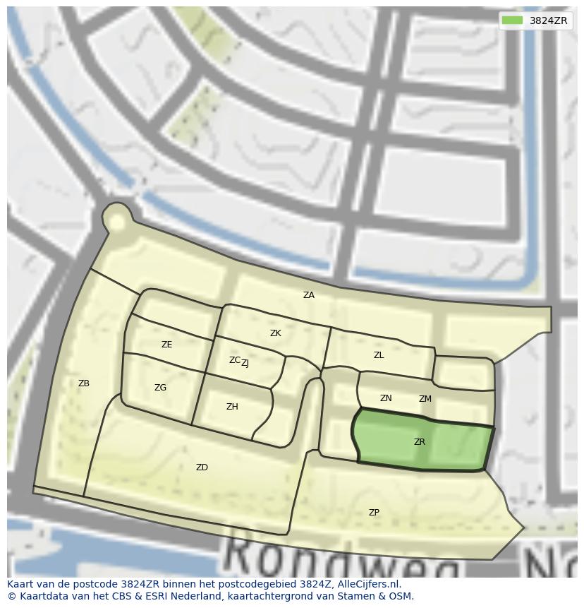 Afbeelding van het postcodegebied 3824 ZR op de kaart.