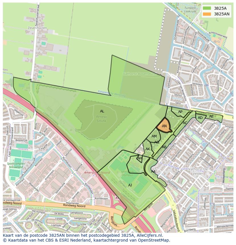 Afbeelding van het postcodegebied 3825 AN op de kaart.