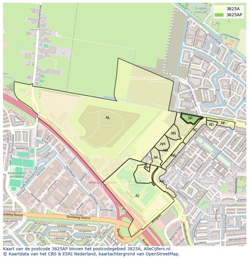 Afbeelding van het postcodegebied 3825 AP op de kaart.