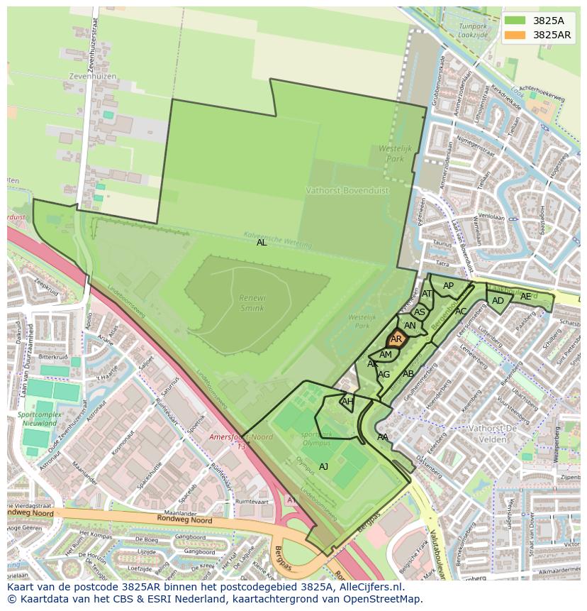 Afbeelding van het postcodegebied 3825 AR op de kaart.