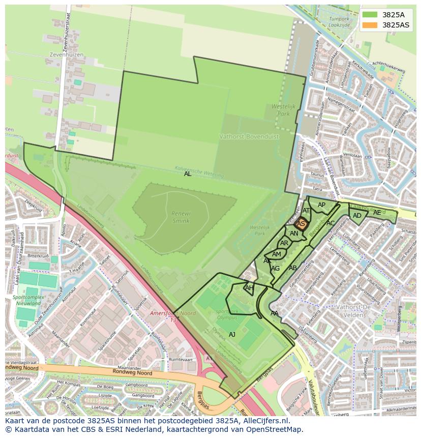 Afbeelding van het postcodegebied 3825 AS op de kaart.