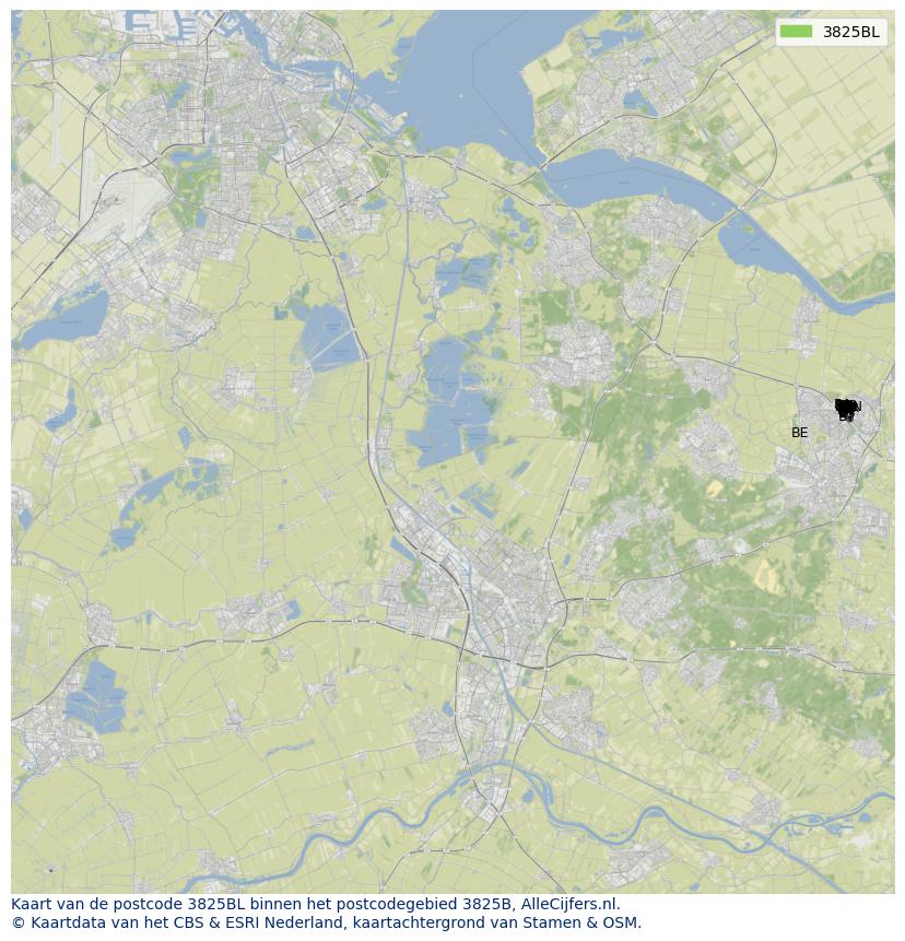 Afbeelding van het postcodegebied 3825 BL op de kaart.