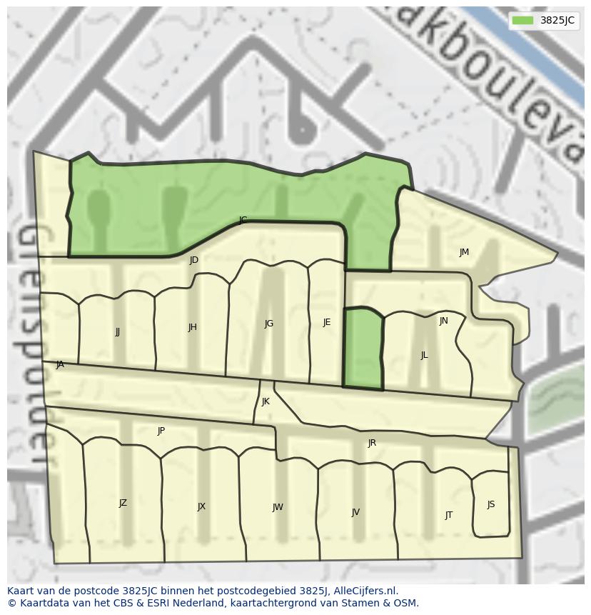 Afbeelding van het postcodegebied 3825 JC op de kaart.