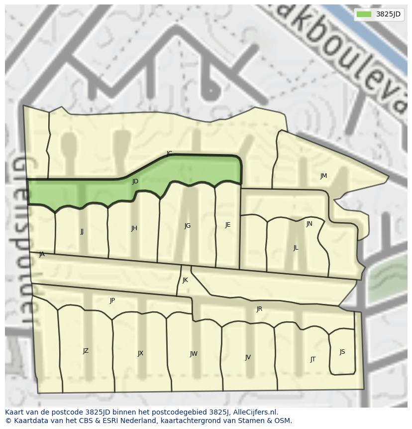 Afbeelding van het postcodegebied 3825 JD op de kaart.