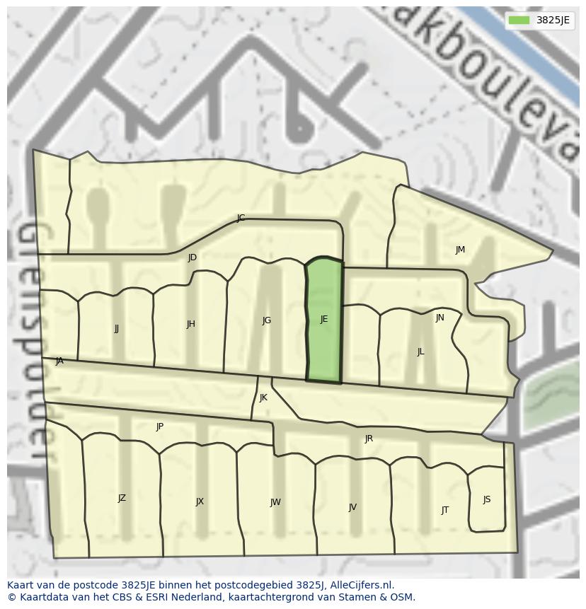 Afbeelding van het postcodegebied 3825 JE op de kaart.
